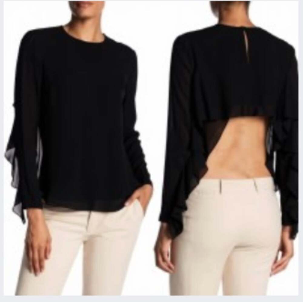 A.L.C. ALC Black 100% Silk Open Back Blouse Size 4 Ruffle Sleeve Keyhole Top
